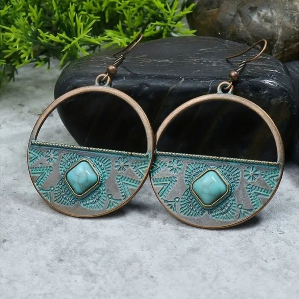Round tribal Boho Bronze drop Earrings with Turquoise Accents